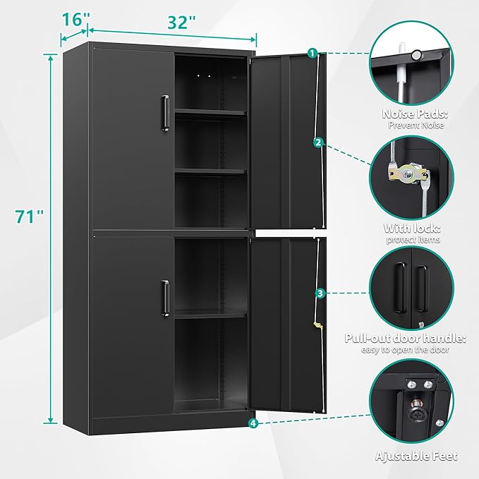 Metal Storage Cabinet with 3 Adjustable Shelves and 4 Doors, Steel Tool Cabinets