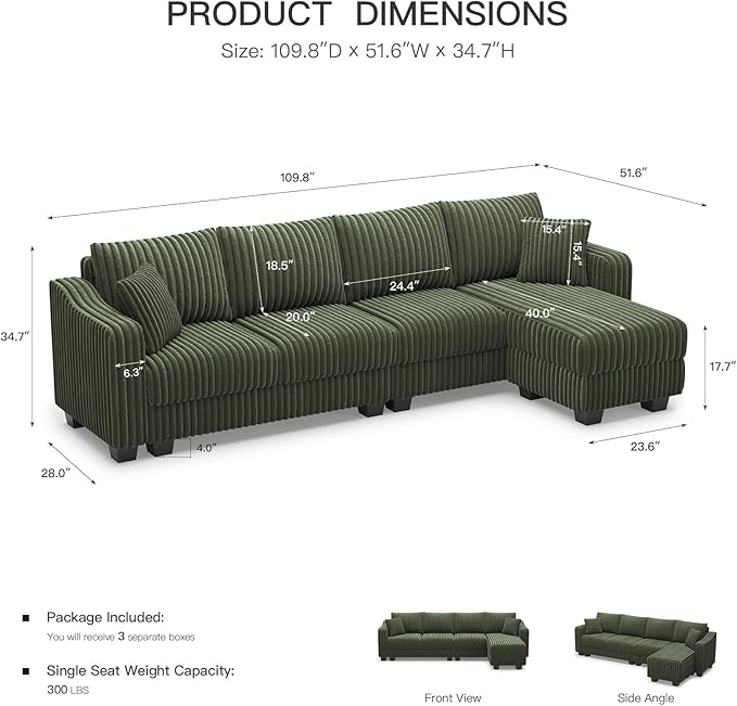 Belffin Sectional Couch with L-Shape Chaise L Shaped Couch with Ottoman