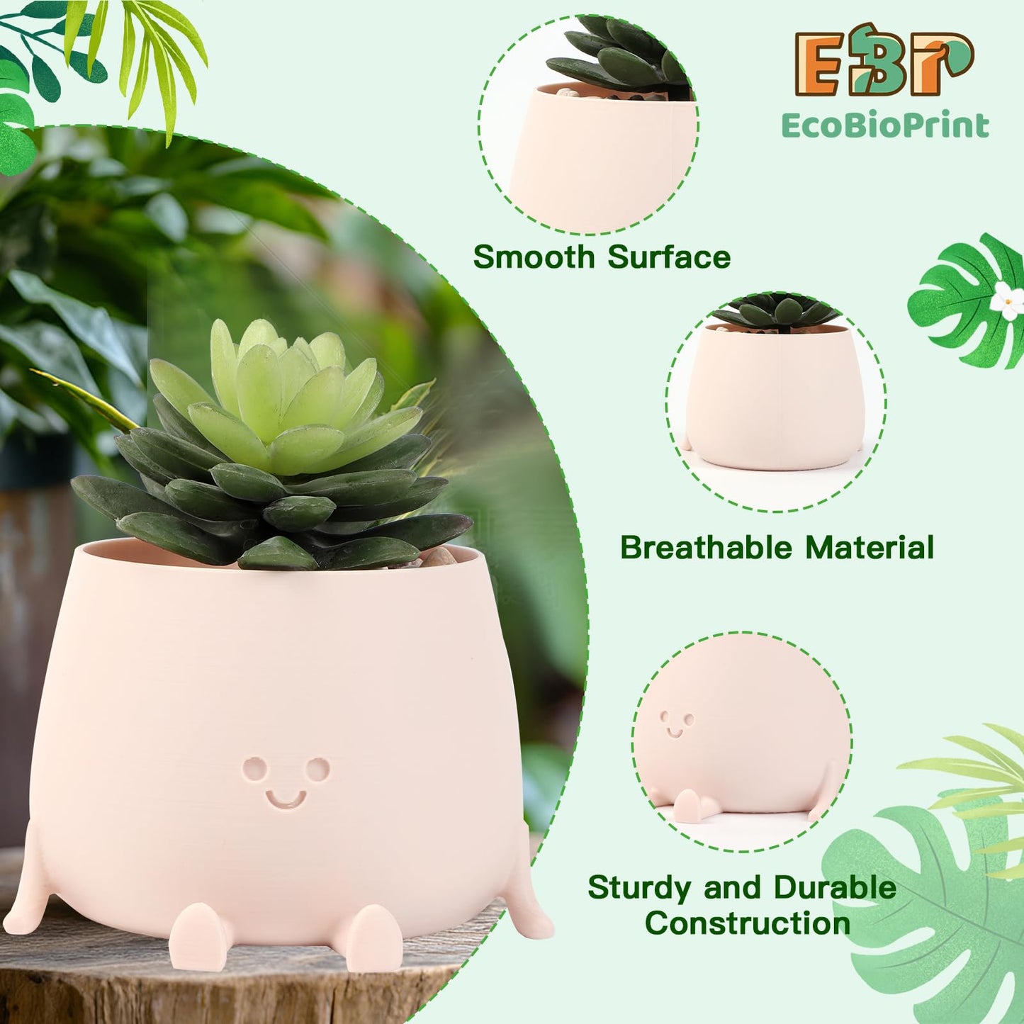 EcoBioPrint 3.5 Inch Cute Plant Pot - Plastic Funny Planter with Drainage Holes for Indoor Outdoor - Small Succulent Face Flower Pot - Cute Plant Gifts for Plant Lovers