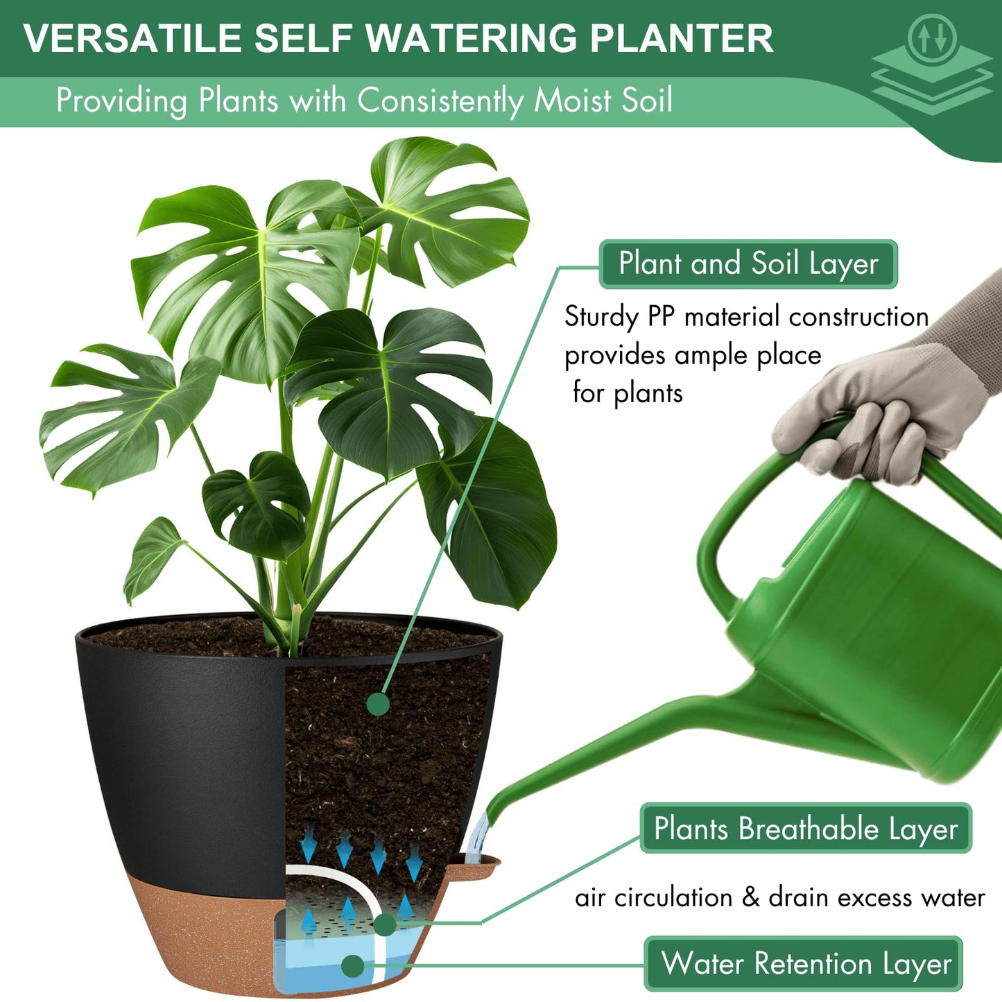 montresor 12/10/8 Inch Self Watering Pots for Indoor Plants Plastic Large Plant Pots for Outdoor Plants, Water Level Window & Spacious Reservoir Flower Pots Decorative Planter with Drainage and Tray