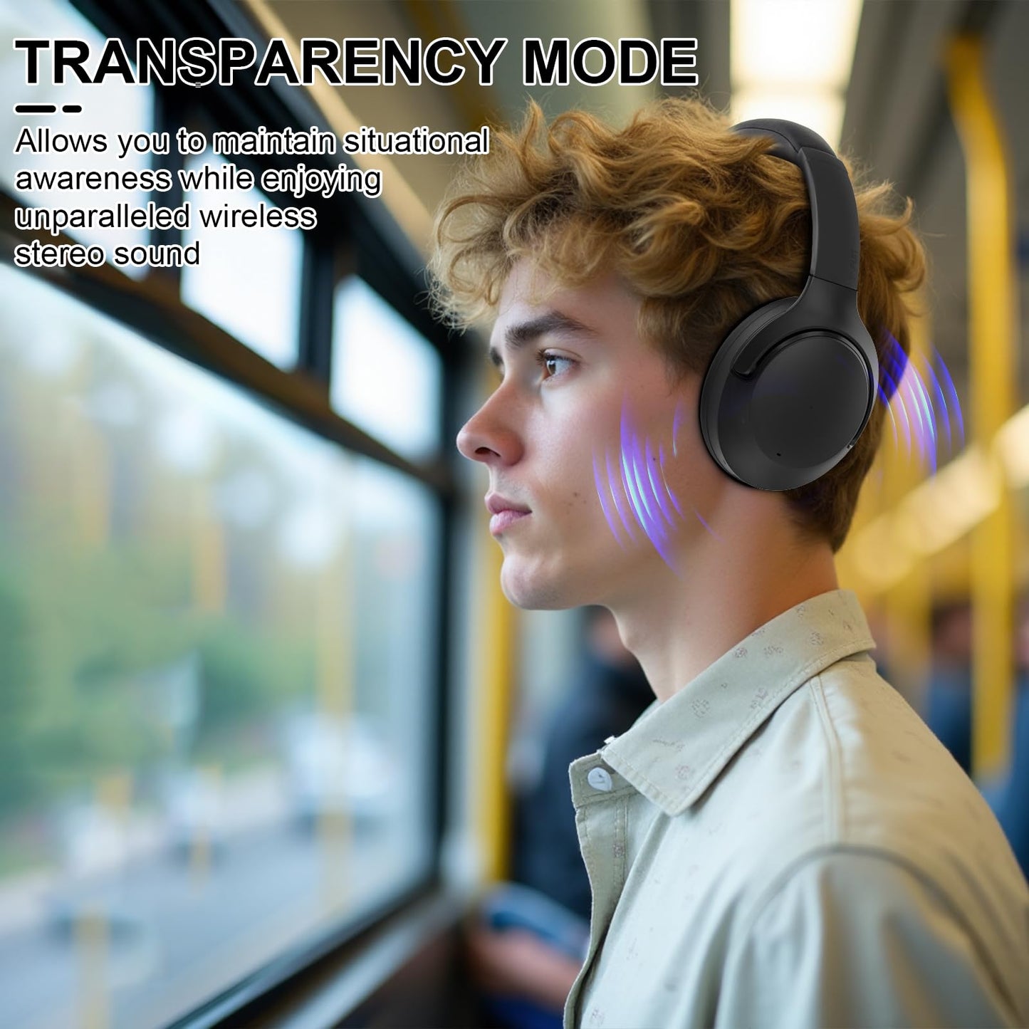 Active Noise Cancelling Headphones, 65H Bluetooth Headphones, Custom EQ via App Headphones Wireless with Mic, Bluetooth 6.0 Foldable Lightweight Headsets for Commuting Travel Work Home (Black)