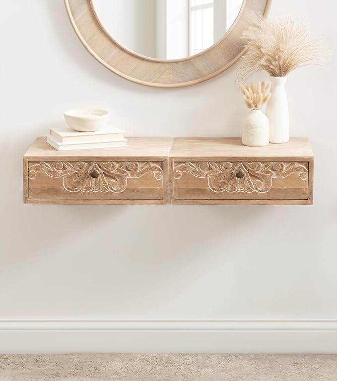 Kate and Laurel Mirza Transitional Carved Wood Floating Side Table, Natural Wood
