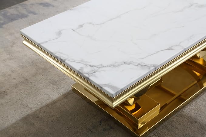 4 Piece Living Room Table Set Include 1 Faux Marble Coffee Table & 2 End Tables & 1 Console Table, Modern White Gold Coffee Table Set of 4 with Double O Shape Stainless Steel Pedestal Base