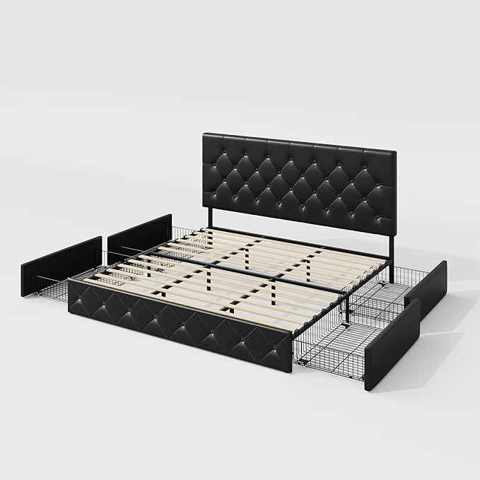 Allewie King Size Black Metal Faux Leather Platform Bed Frame