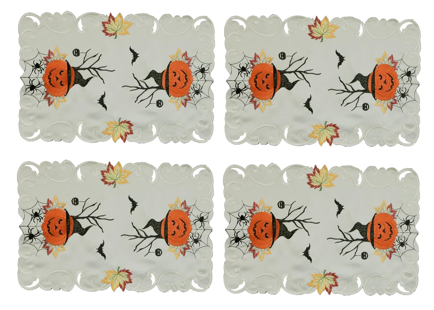 Creative Linens 4PCS Halloween Placemats 11x17”, Embroidered Spooky Pumpkin Bats Spider Web Tray Cloth, Ivory, Set of 4 Pieces