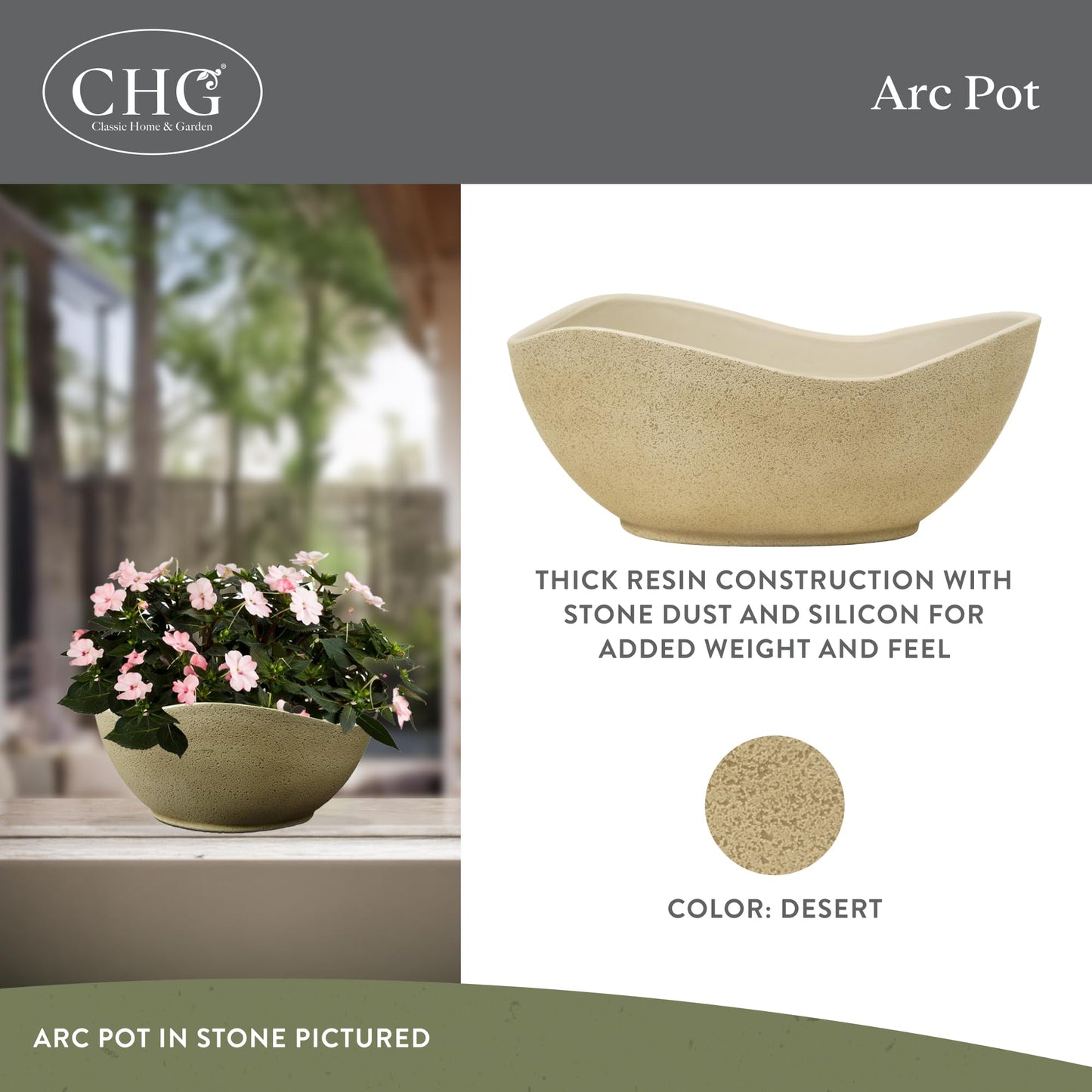Classic Home and Garden Arc Unique Planter Bowl w/Drain Plug - UV Resistant Shallow Planter - Modern Plant Pot for Herbs (12” Desert)