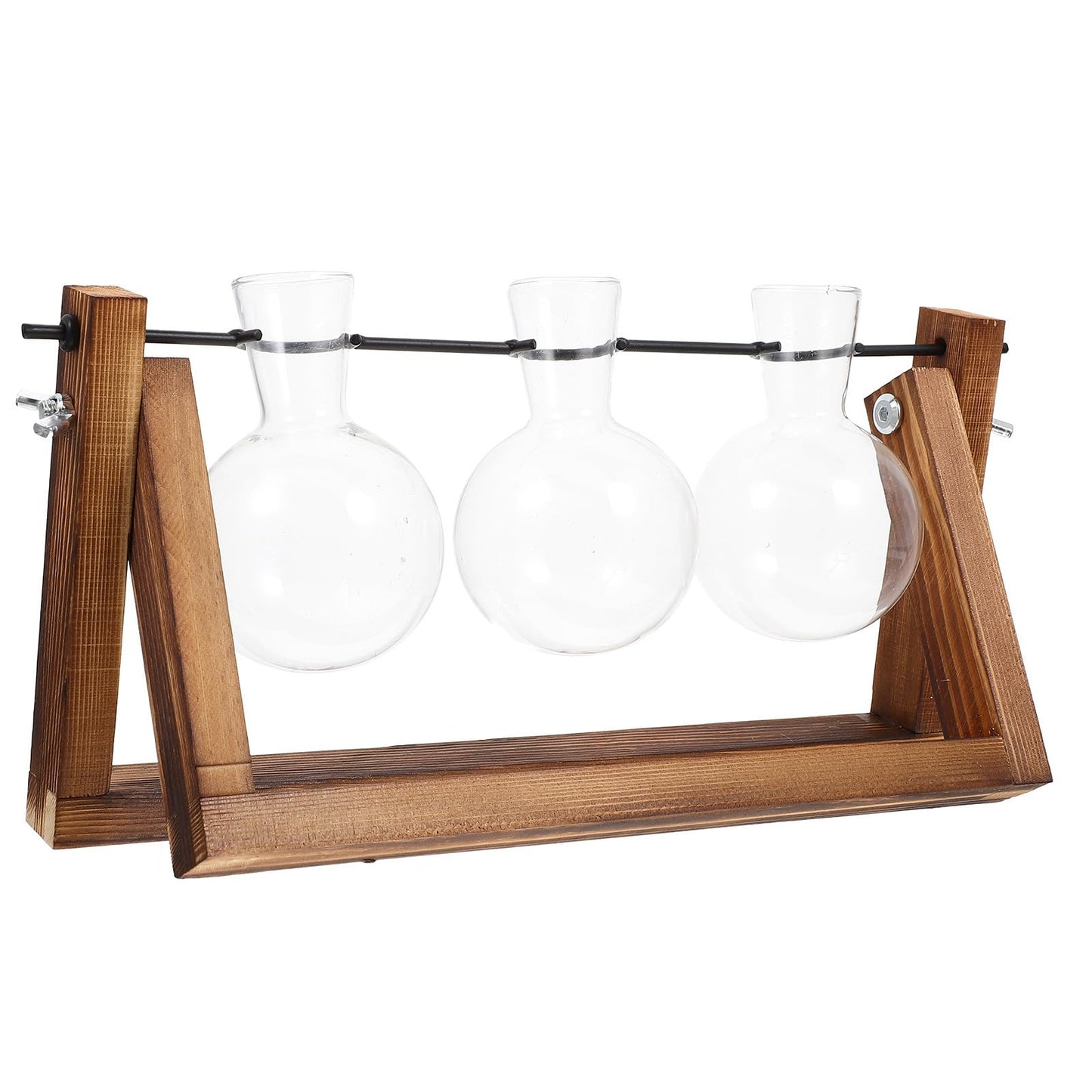 SEWACC Hydroponic Glass Planter with Wooden Stand, Desktop Flower Vase for Indoor Plant Display, Office and Home Table Decoration, Glass Flower Pot Terrarium Container