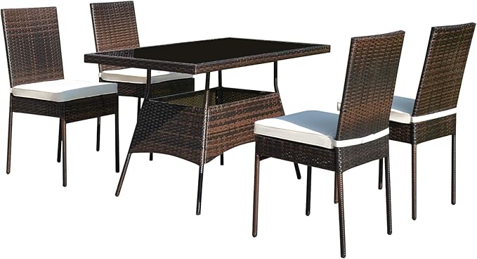 Tangkula 5 Piece Patio Wicker Dining Set, Outdoor Rattan Table and Chairs