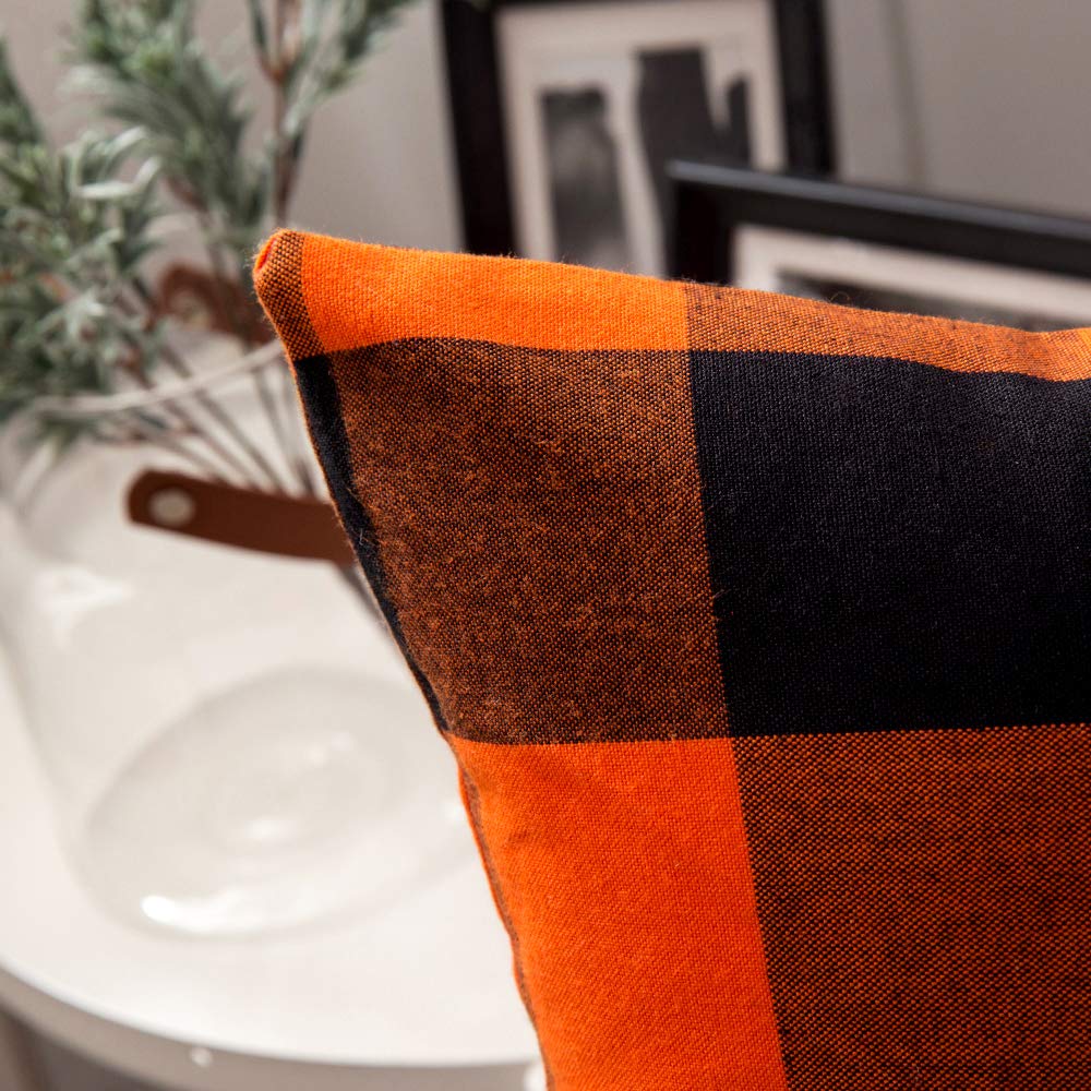 MIULEE Fall Throw Pillow Covers Halloween Decorations Pack of 2 Buffalo Check Farmhouse Plaids Polyester Linen Outdoor Cushion Case for Sofa Couch Orange and Black 18 x 18 Inch 45 x 45 Cm