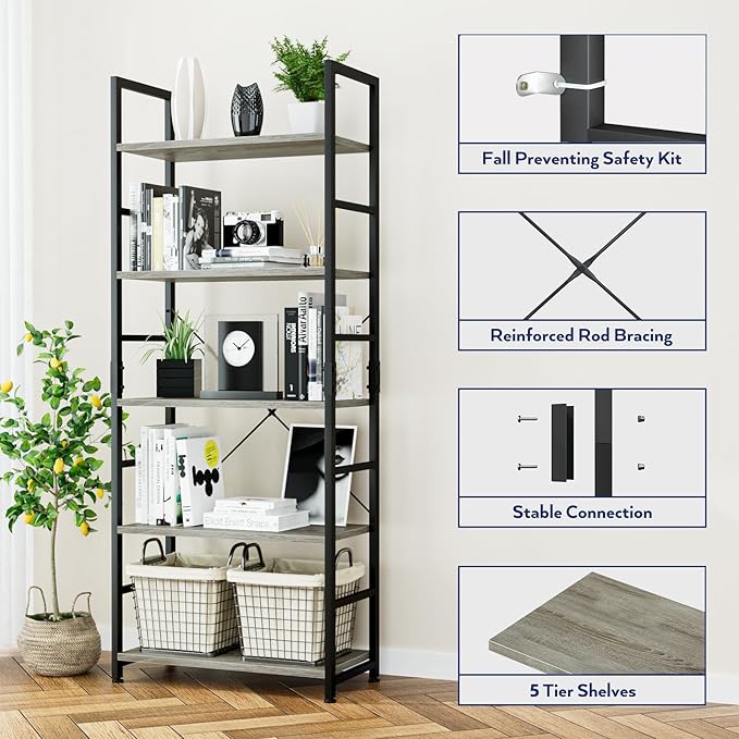 NUMENN 5 Tier Bookshelf, Tall Bookcase Shelf Storage Organizer, Modern Book