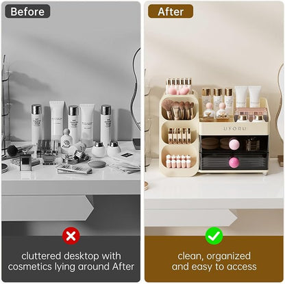 UFORU Makeup Organizer for Vanity with Brush Holder, Large Capacity Bathroom Countertop Skincare Organizer with 2 Drawers, Cosmetic Display Case for Perfumes, Eyeshadow Palettes, Nail Polishes