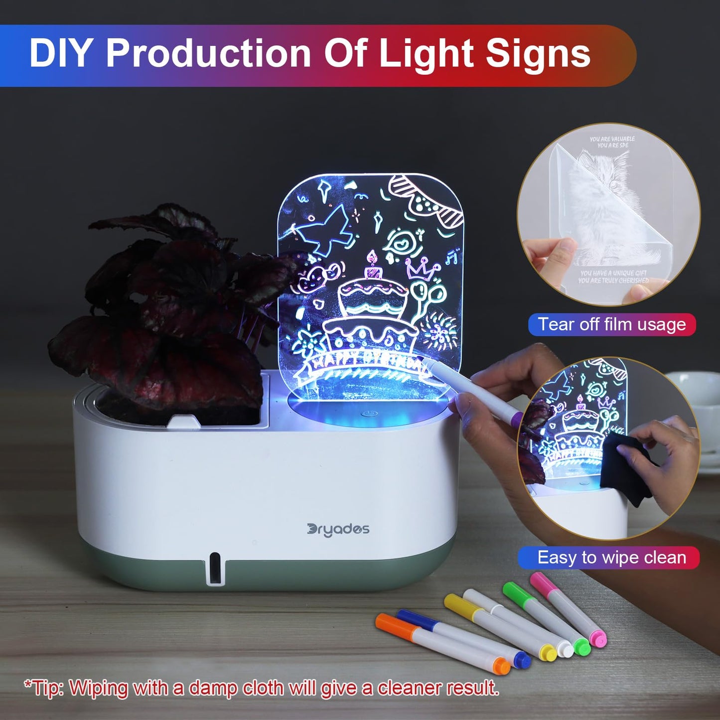 Self-Watering Planter with LED Note Board & 7 Colors Pen Acrylic Message Board with Light Acrylic Dry Erase Board, Led Cat Board Night Light with Planting Pot for Children's Day Gifts(No Plant&Seed)