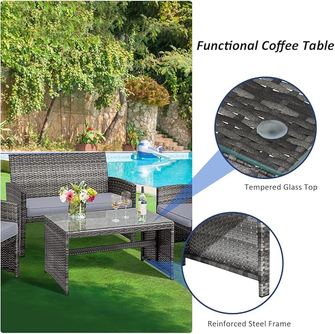Tangkula 4 Pieces Patio Wicker Conversation Furniture Set, Patiojoy Sofa &