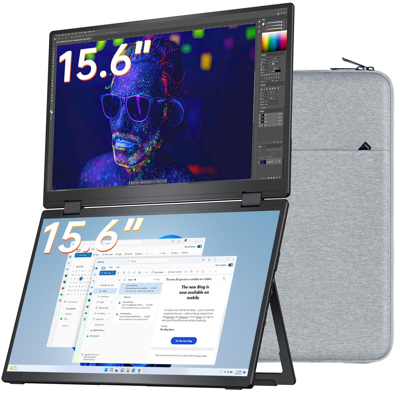 VisionOwl Portable Monitor Dual 15.6 Inch 1080P FHD 107% sRGB Foldable Second Screen, USB-C HDMI HDR Stacked Travel Monitor for Laptop MacBook PC PS5 Xbox, VESA Mountable, Built-in Kickstand