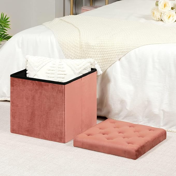 B FSOBEIIALEO Storage Ottoman Cube, Velvet Tufted Folding Ottomans