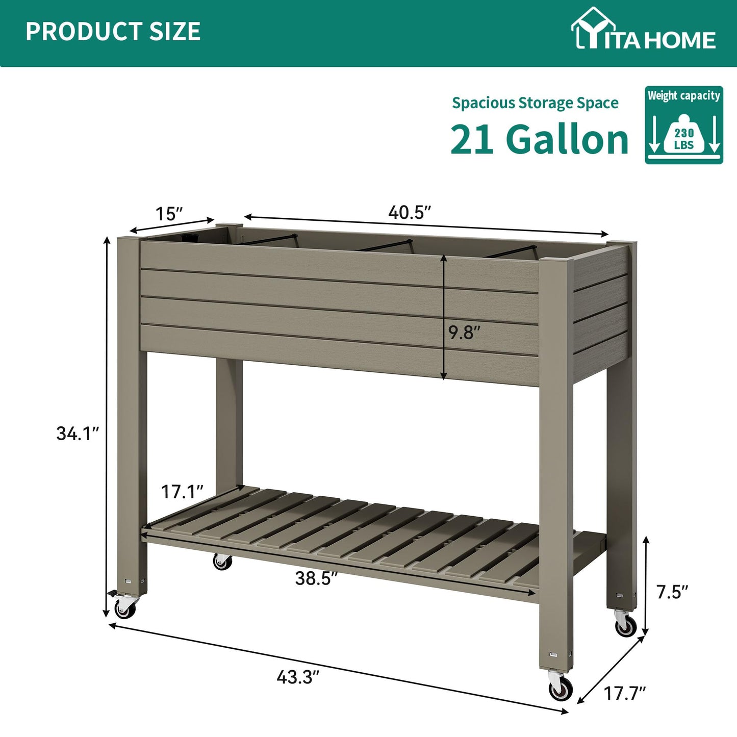 YITAHOME 3.6x1.5x2.8 FT Elevated Garden Bed Kit with Legs and Wheels, Outdoor Large Resin Planter Box Stand with Drain Plug and Storage Shelf for Plants Vegetables Fruits, Light Brown