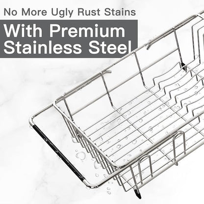 MAJALiS Dish Drying Rack Over The Sink with Utensil Holder, Mat | Expandable Stainless Steel Dish Drainer for Small Kitchen, Apartment, RV, Counter Space Saving, Perfect Fit, Rustproof
