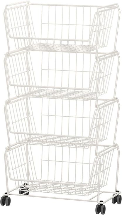 PUSDON 4-Tier Large Stackable Wire Storage Baskets with Wheels, Metal Rolling Utility Cart Organizer, Produce Basket for Kitchen Pantry, Floor Shelf, Classic White