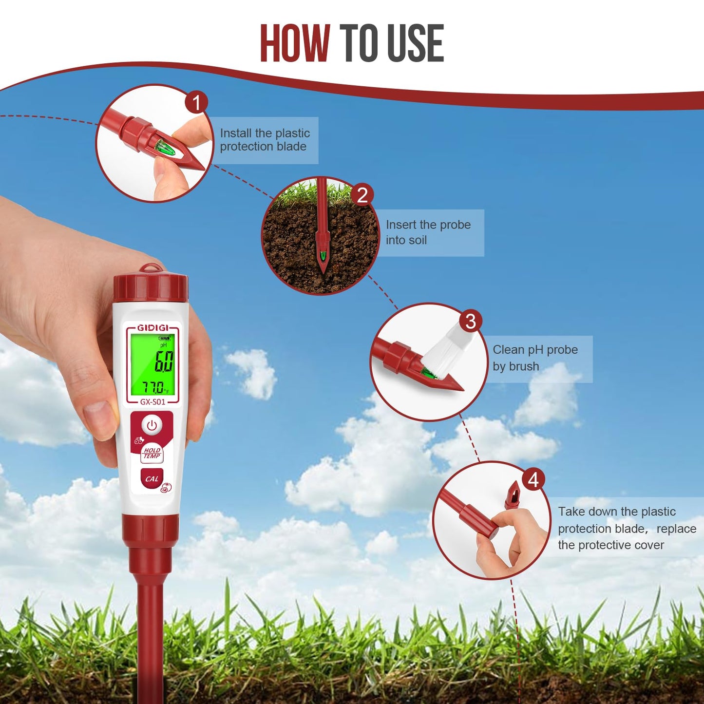 GIDIGI High Accuracy Digital pH Meter for Soil, Garden, Water, Plants, Solution and Food, Soil pH Test Kit with Thermometer LCD Display, Calibration Powder and Plastic Protective Cap