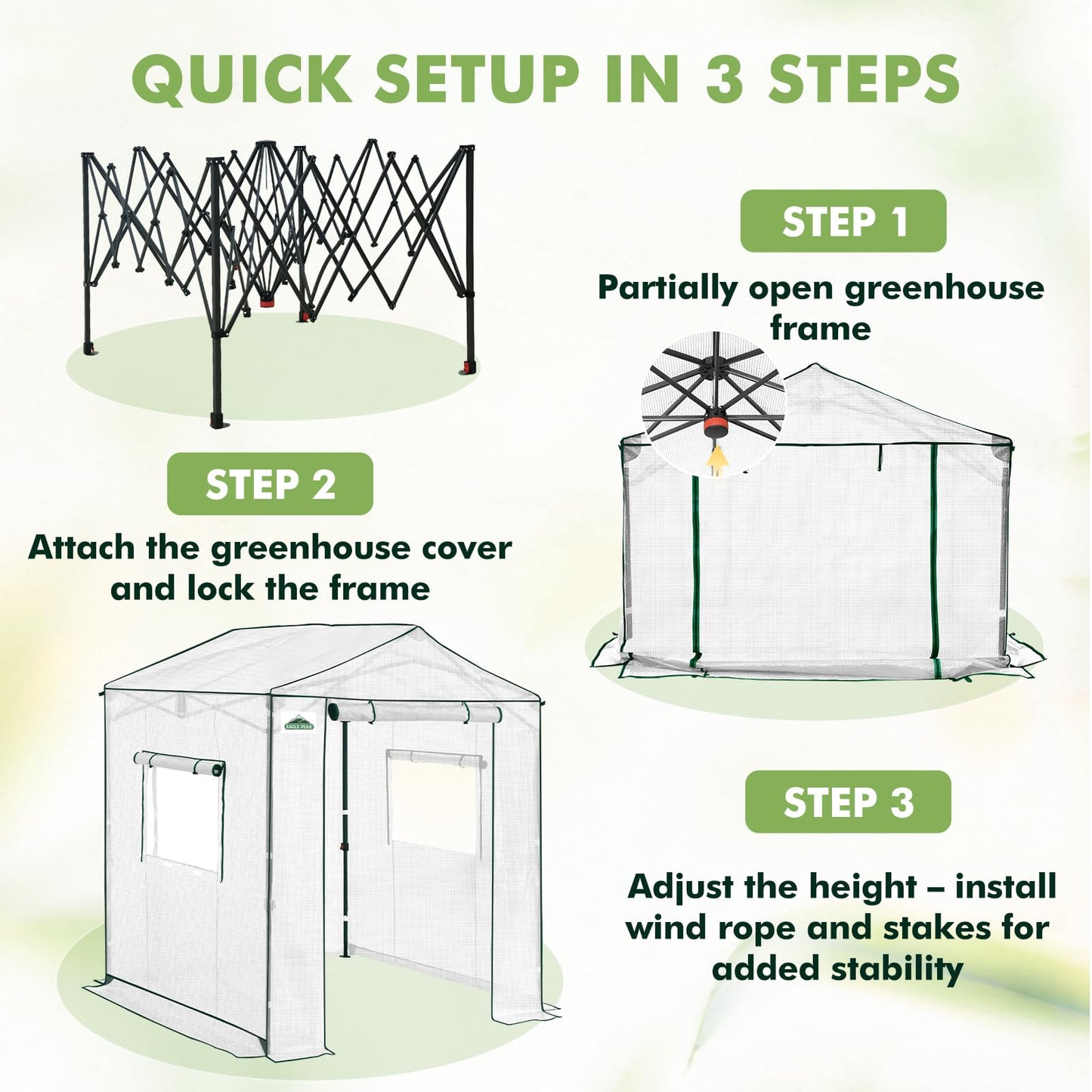 EAGLE PEAK 6x6 Portable Pop Up Greenhouse, Patented Center Lock Easy One Person Setup, Walk-in Outdoor Greenhouse with Gable Roof, Weight Bags, Zippered Doors & Windows, White