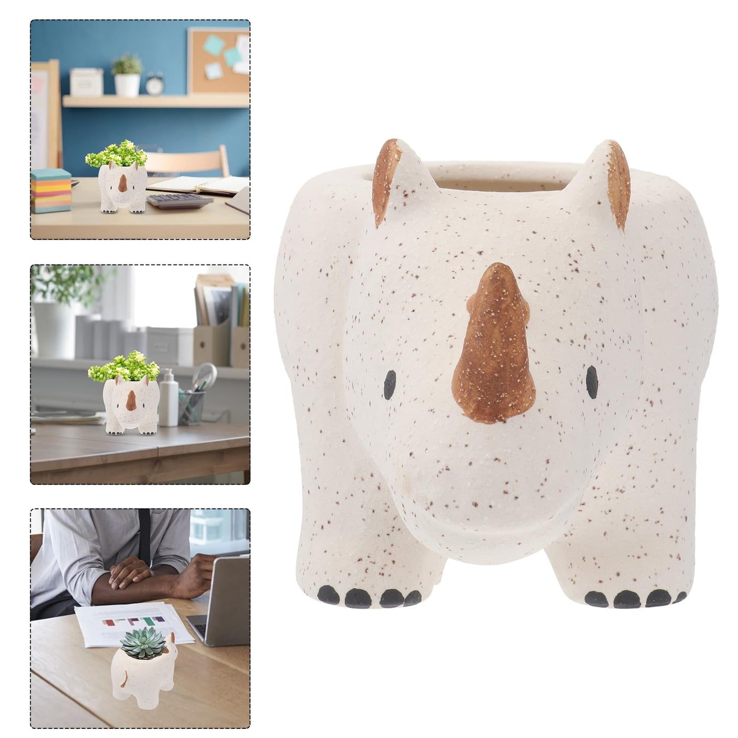 Hemoton Rhino Shaped Ceramic Planter Cute Animal Planter for Mini Plants Cactus, Smooth Shiny Ceramic - Plants Not Included, 8.25" Wide, Rhino