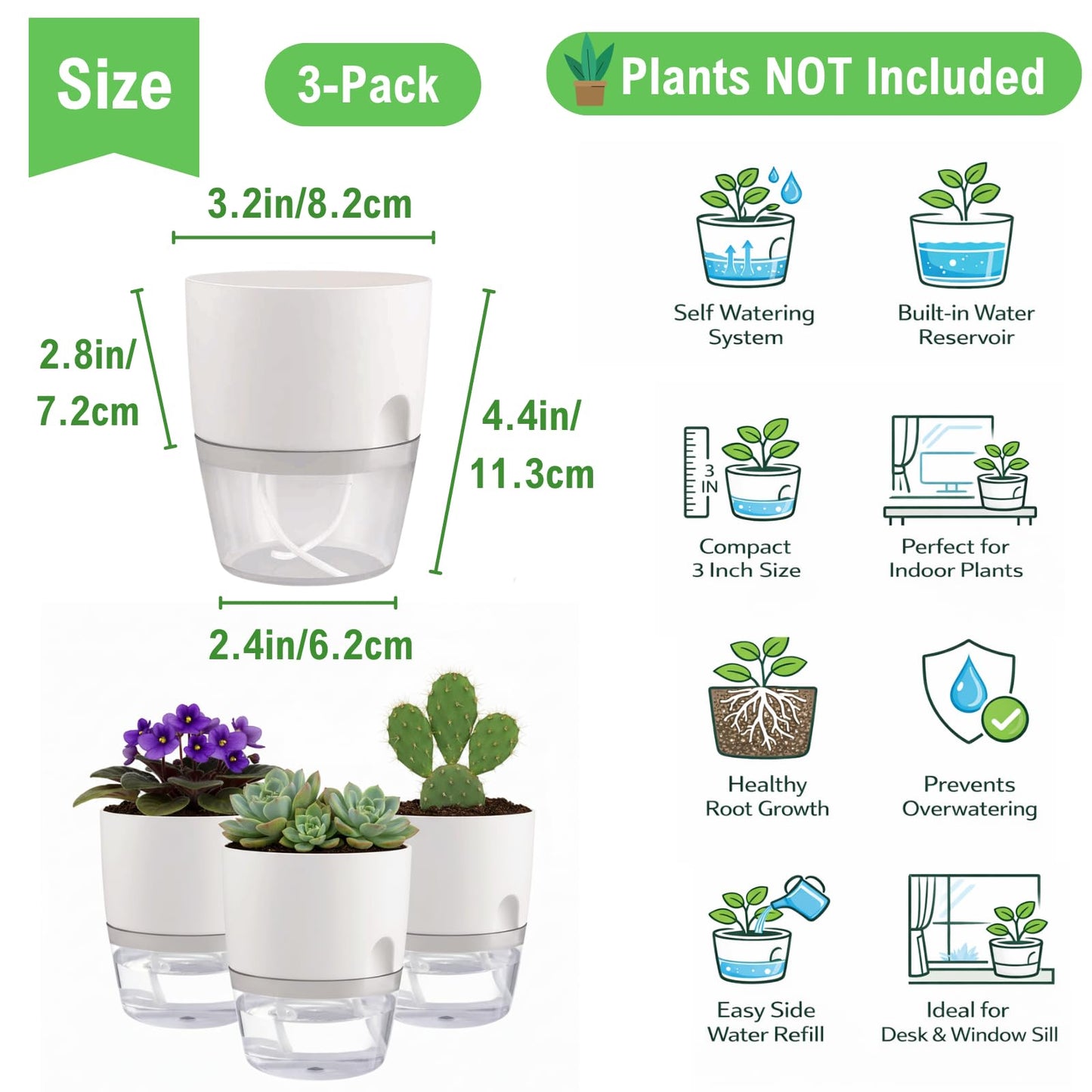 Thorkok 3.2 Inch Self Watering Planters Plastic Planter Pots 3 Pack Wicking Flower Pots Modern Decorative Planter for Small African Violets House Plants,Herbs,Indoor Outdoor Plant (White)
