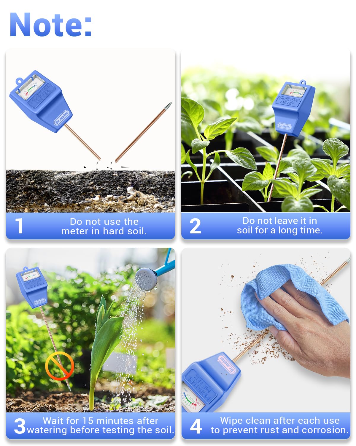 Dr.meter Soil Moisture Meter Tester for Plants, Long Probe Hygrometer Moisture Sensor for Houseplants Indoor Outdoor Garden Lawn Use - Plant Water Gauge Meter, No Battery Needed, Gardening Gifts, Blue