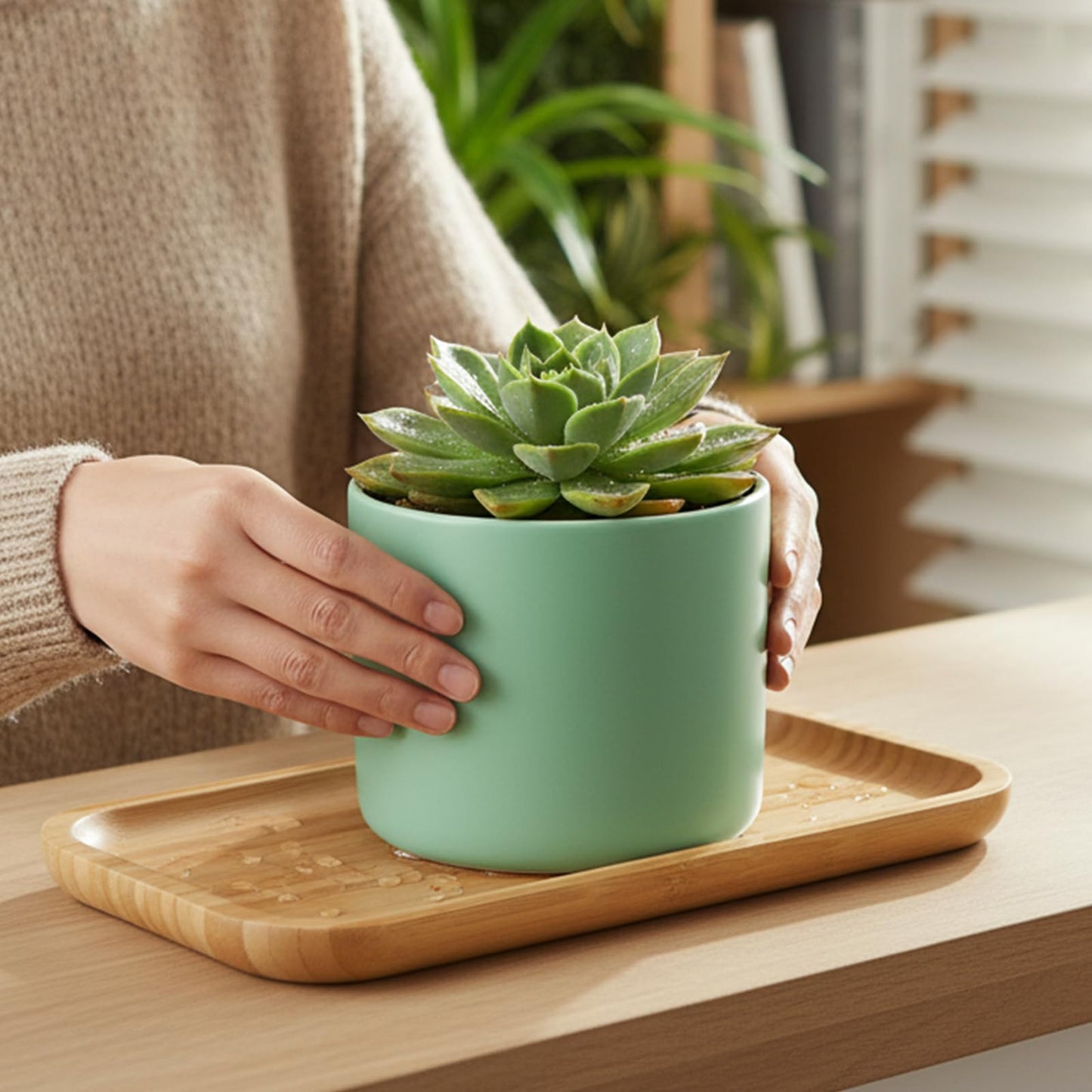 MUKCHAP 4 PCS 5 x 12 Inch Rectangle Bamboo Service Tray, Rounden Edges Rectangle Wooden Plant Saucer Tray for Succulent Plant Pots