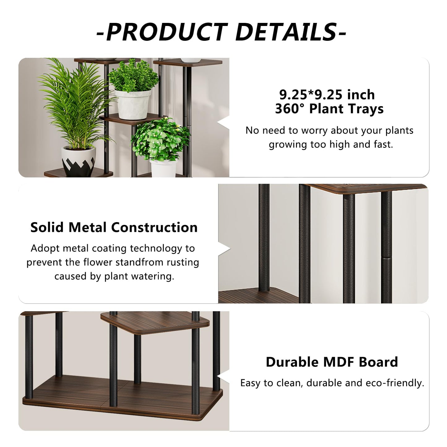 AZERPIAN Plant Stand 7 Tier Indoor Metal Flower Shelf for Multiple Plants Corner Tall Flower Holders for Patio Garden Living Room Balcony Bedroom, Black Oak