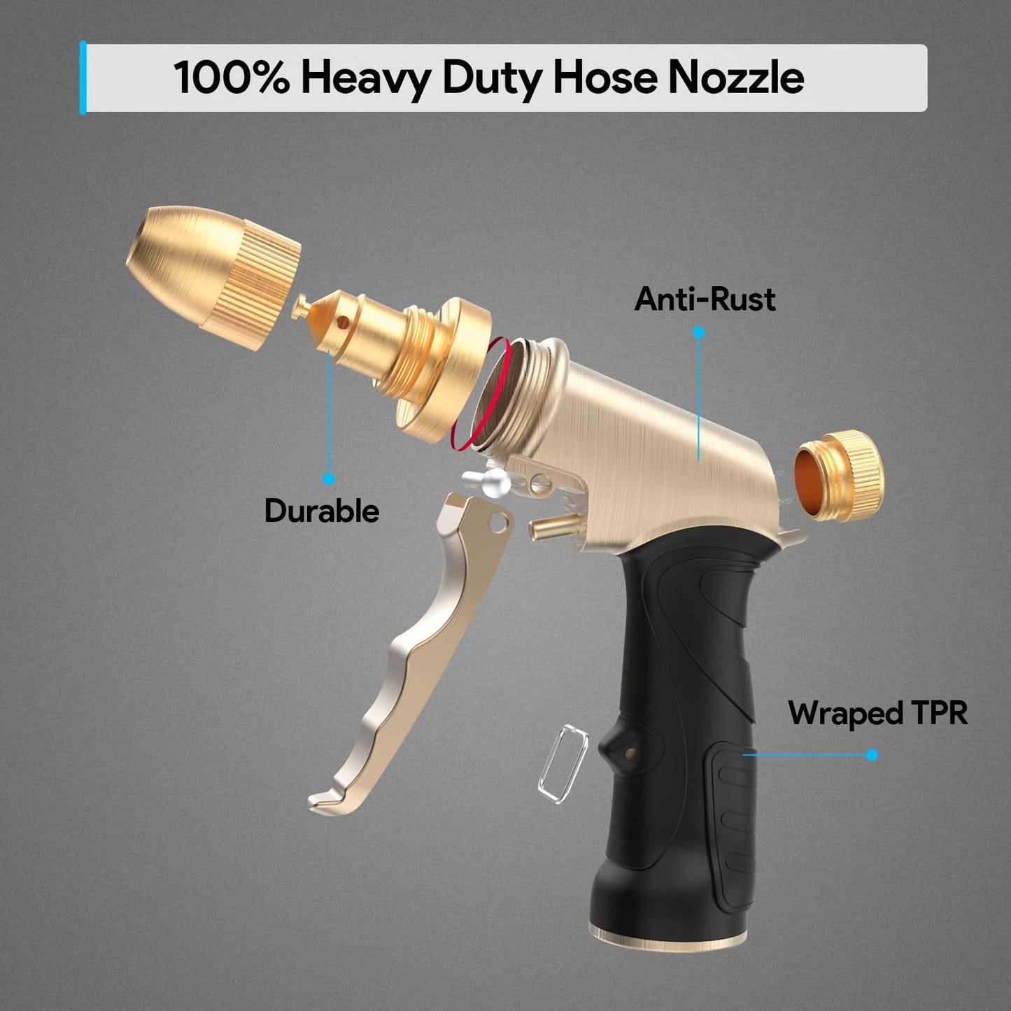 Qxiaozhan Garden Hose Nozzle Heavy Duty, Metal Hose Sprayer Nozzle with High Pressure, Adjustable Spray Patterns, 3/4" Thread, Suit for Lawn Care, Watering Plants, Car, Pet, Outdoor