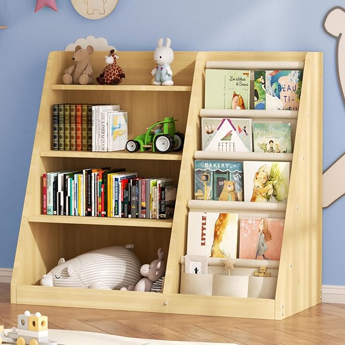 EXPERLAM Kids Bookshelf and Toy Storage Organizer, 4 Tier Wooden Kids Book Shelf