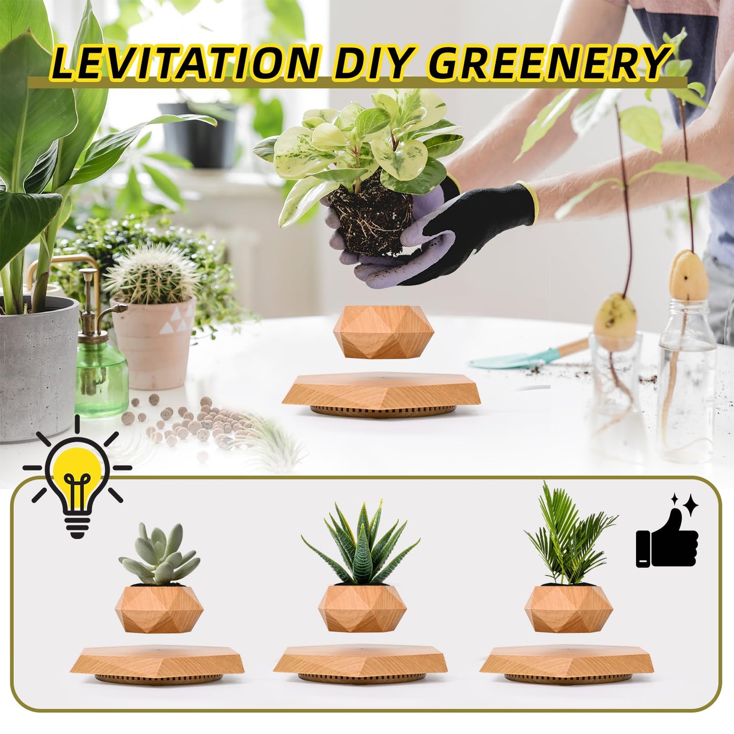 Leekimid Levitating Plant Pot, Magnetic Levitation Flower Pot Suspension Floating Plant Succulents, Air Bonsai Potted Plant for Home Decoration, Living Room, Office, Desk (Wood)