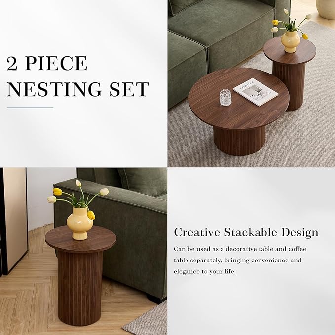Round Nesting Coffee Table Set of 2 Mid Century Modern Wood Round Coffee Tables