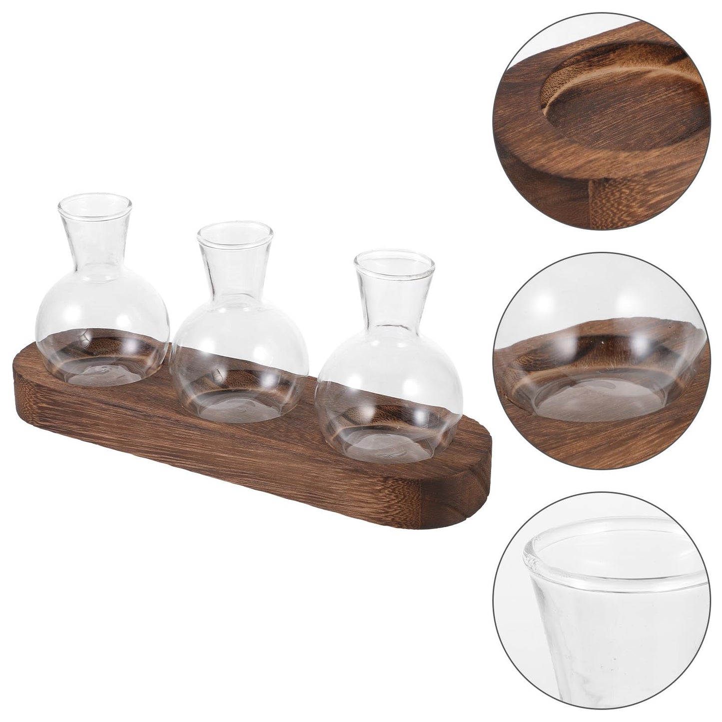 INOOMP Glass Floral Vase Set with Wooden Base, Hydroponic Plant Terrarium for Office and Living Room Desktop Decoration, 3pcs Small Glass Vases for Home Flower Centerpieces