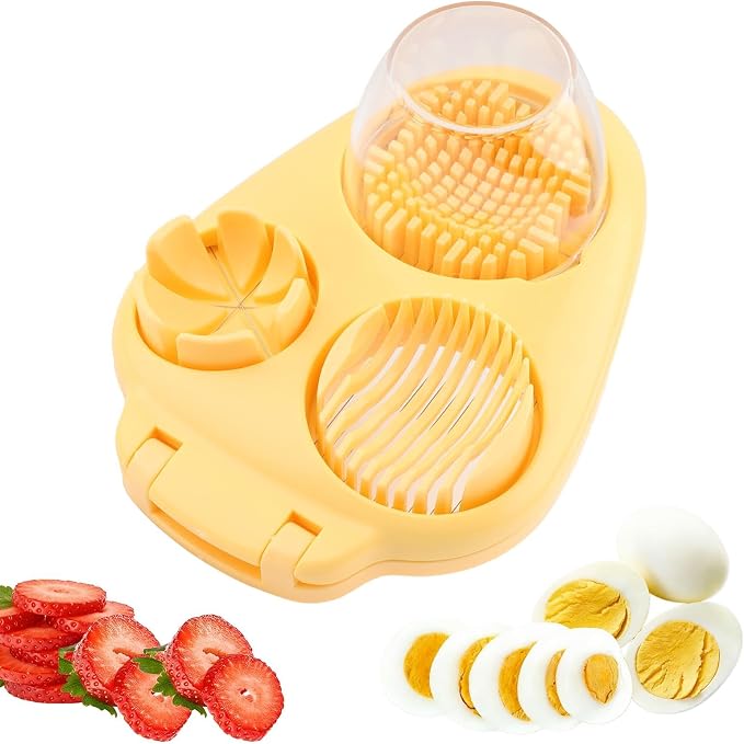3-in-1 Egg Slicer for Hard Boiled Eggs, Multipurpose 3-Way Cutter with 3 Slice Modes, Heavy Duty Stainless Steel Chopper Tool for Strawberry, Mushroom, Grape, Cherry Tomato(COLOR:Yellow)