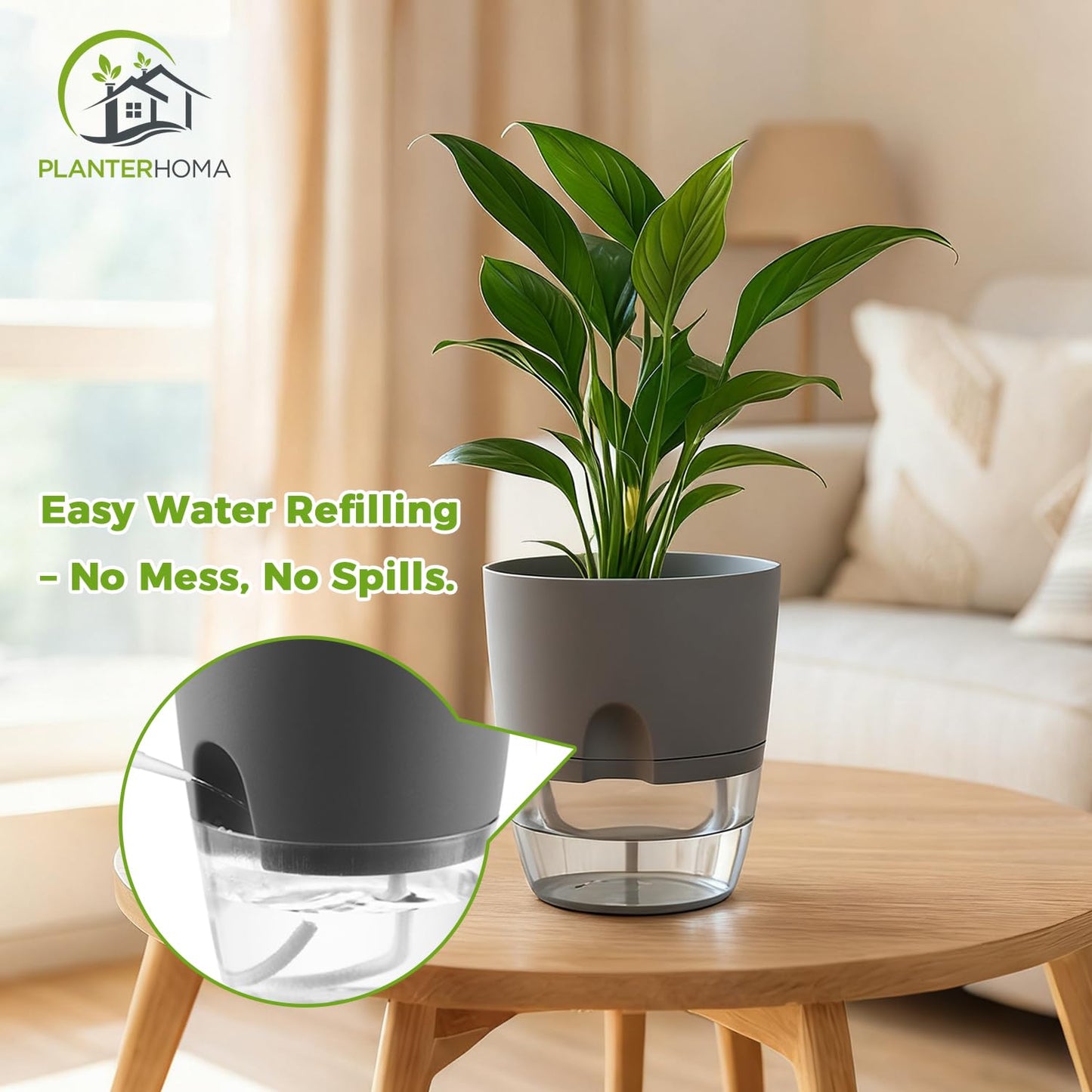 5 Pack Self Watering Pots for Indoor Plants, PlanterHoma 4 Inch Plant Pot Plastic Self Watering Planter for Orchid, African Violet, Small Clear Flower Pots with Drainage Holes and Wicking Rope, Grey