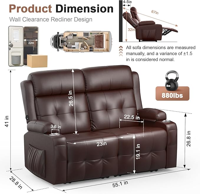 Reclining Loveseat, 55.1" RV PU Leather Wall Hugger Recliner Love Seats Sofa