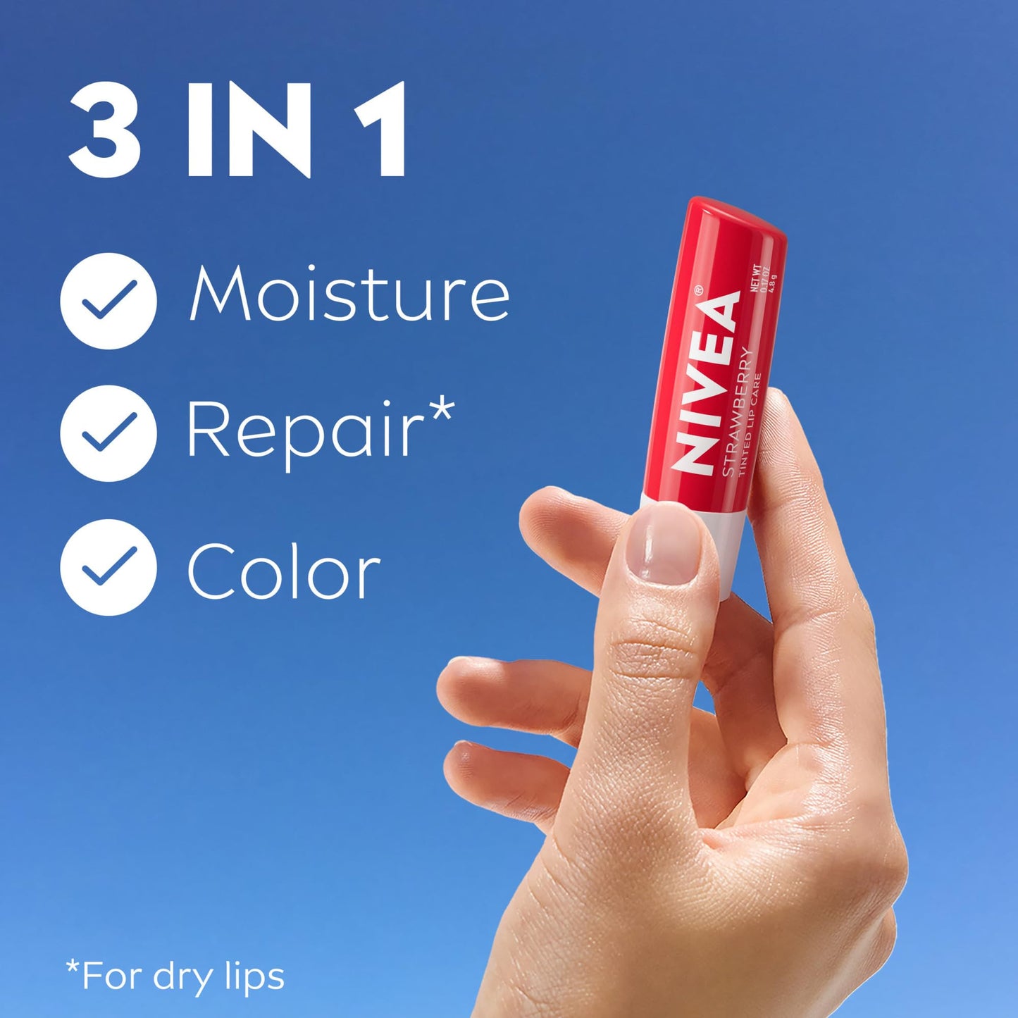 NIVEA Lip Care, Fruity Tinted Lip Balm Variety Pack, Cherry, Strawberry, Blackberry and Watermelon Flavors, 3-in-1 Moisture, Repair and Color, 0.17 Oz Stick, Pack of 4