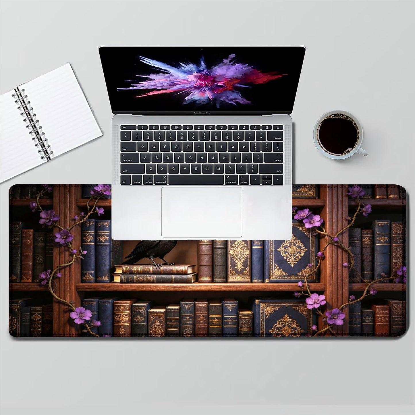 Extended Gaming Mouse Pad 31.5 x11.8 inch, Large Non-Slip Rubber Desk Mat for Gamers, Waterproof Smooth Surface for Precise Mouse Control, Washable Computer Keyboard Pad (Gothic Crow Library)