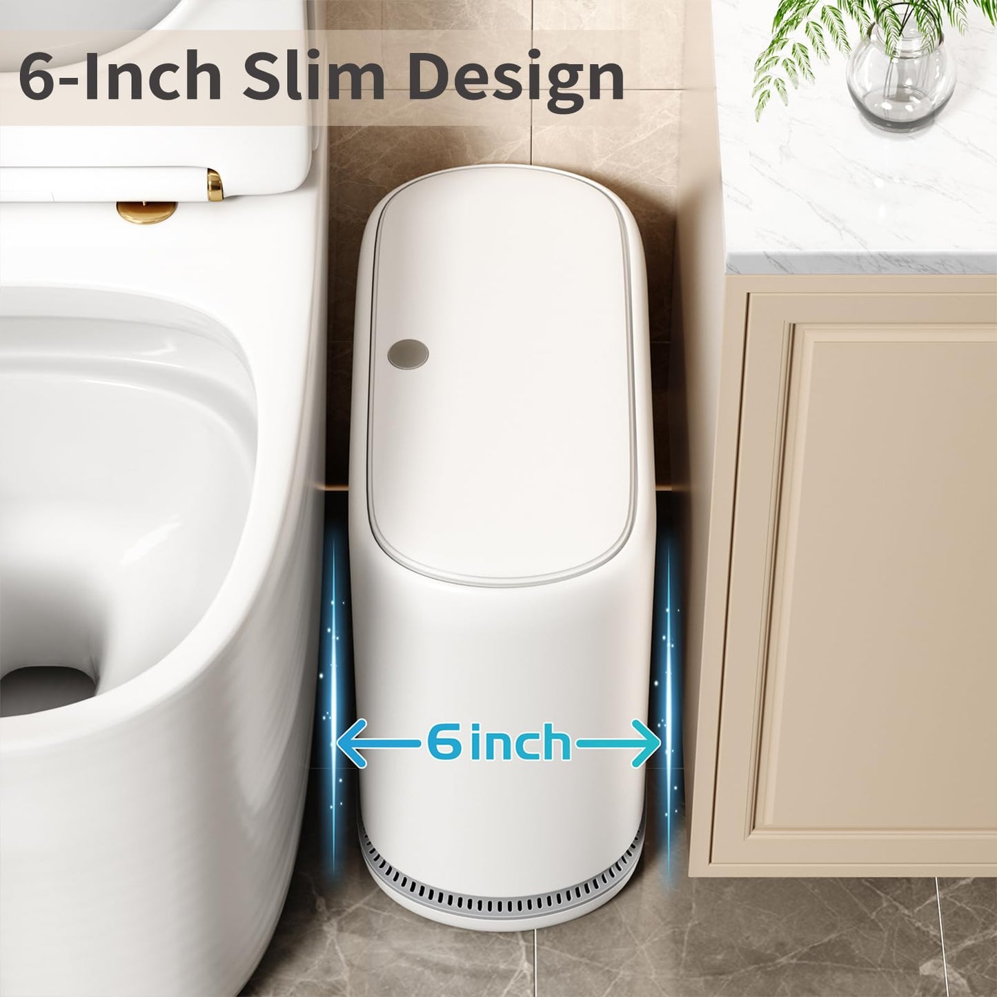 Small Bathroom Trash Can with Lid, 3 Gallon Slim Garbage Bin with Pop-Up Lid & Air-Pressure Bag Lock, Mini Waste Basket for Bathroom, Bedroom, Kitchen, Office, Rv, White - Includes 75 Bags (5 Rolls)