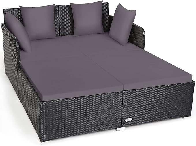 COSTWAY Outdoor Patio Rattan Daybed, Sponge Cushioned Loveseat Sofa