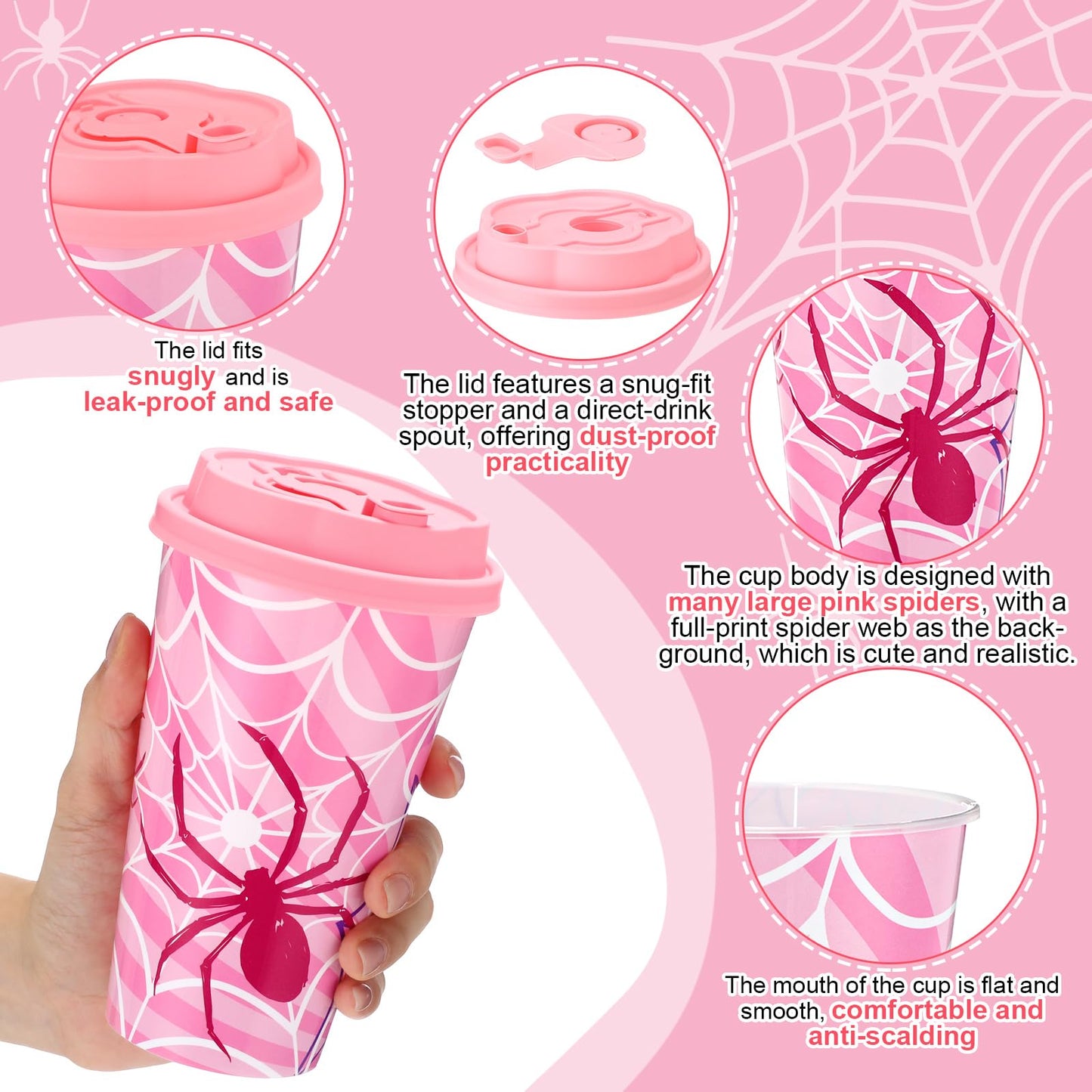Yungyan 16 Sets Pink Spider Ghost Party Favors Goodie Cups with Lids and Straws for Halloween Party Decorations Reusable 16oz Plastic Candy Cups Plastic Straws for Birthday Gift (Pink Spider)