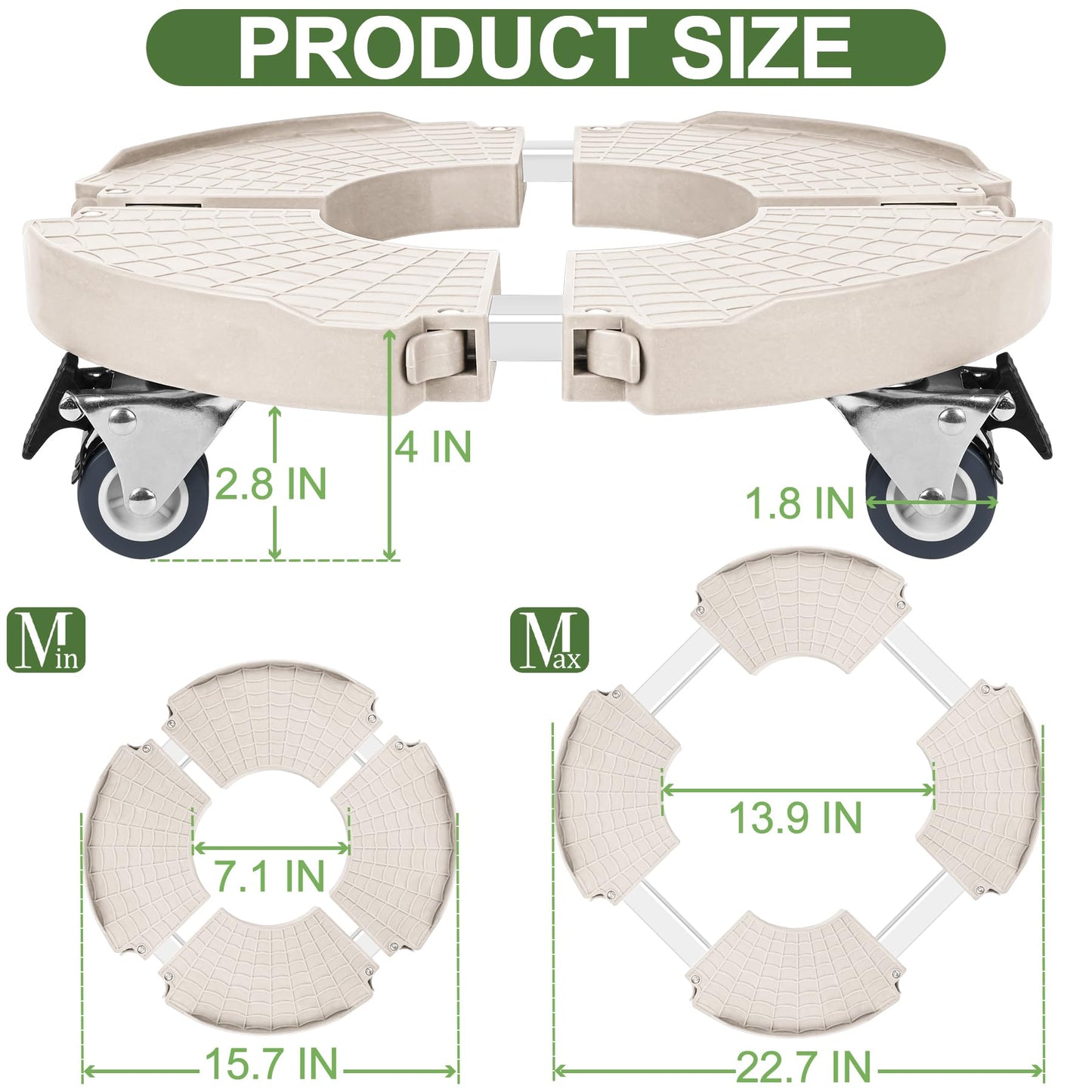 ToLanbbt Plant Caddy Stand with 360° Wheels Adjustable 15-22 Inch Rolling Stand Heavy Duty Large Plant Cart Dolly with Casters 440lbs Capacity for Large Planter, Garden Pot, Flower Pot, Beige, 1 Pack