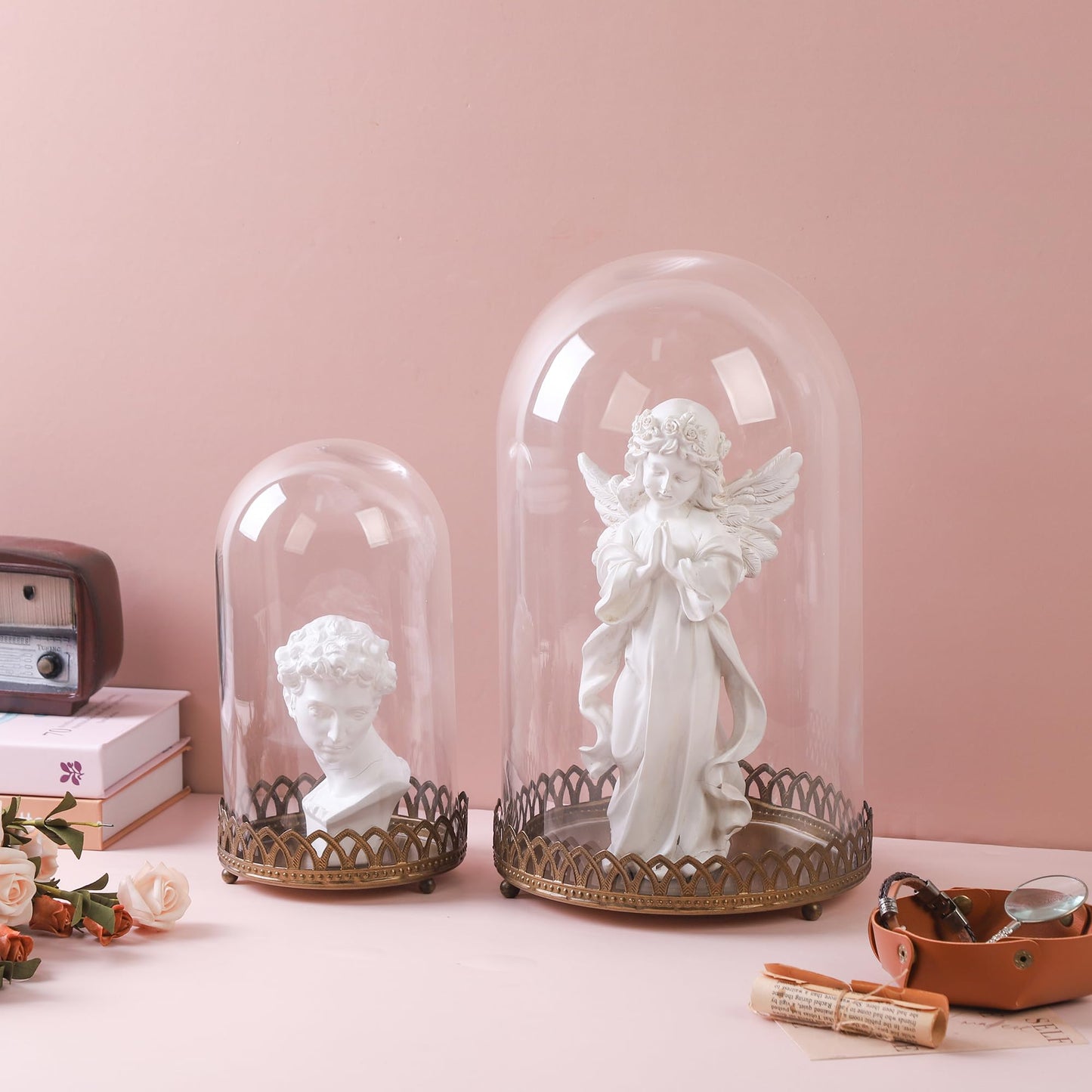 10" Tall Glass Dome with Metal Base in Antique Bronze for Terrarium, Plants, Trinkets, Cakes, Figurines, LED Light String, Candle. Cloche Glass Dome, Bell Jar Display Case, Mantle Place (1, 5.5"x10")