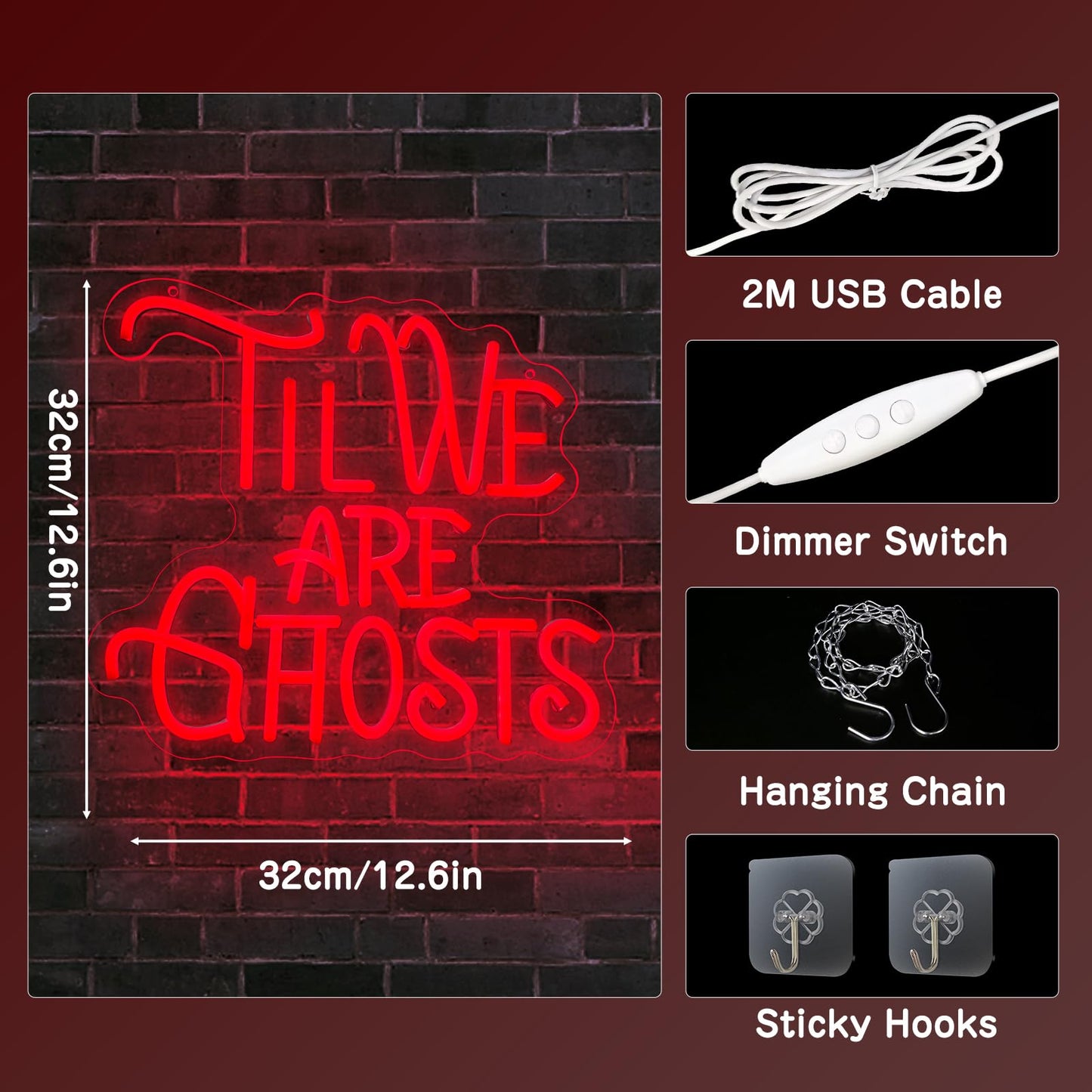 TIL WE ARE GHOSTS Neon Sign, USB Powered Dimmable Red LED Neon Light Signs, Gothic Wall Art Decor for Bar Men Cave Wedding Party Halloween