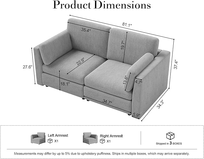 Oversized 2 Seater Modular Sectional Sofa, Solid Wood Frame Sofa, Removable