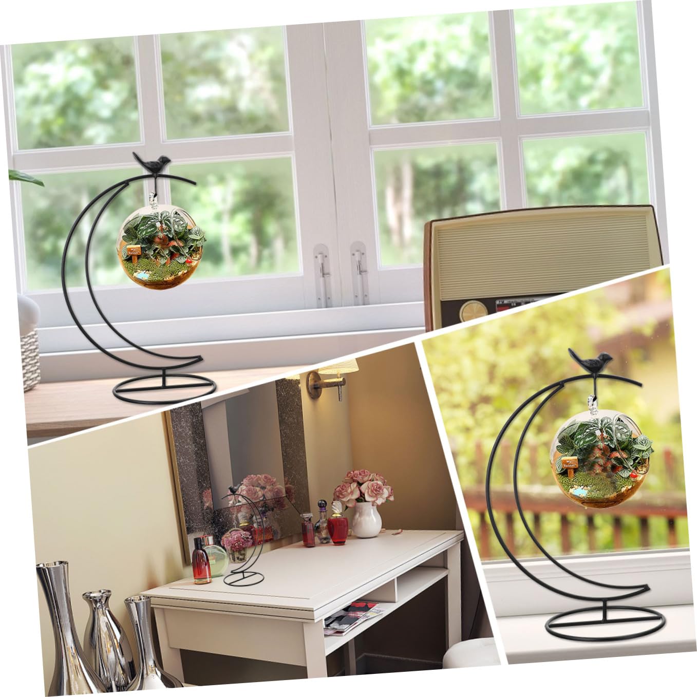 SOLUSTRE Moon Shaped Bird Iron Stand Hanging Flower Pot Holder for Glass Terrarium Decorative Pothook Display Stand for Home and Office Decor for Indoor Plant Arrangement