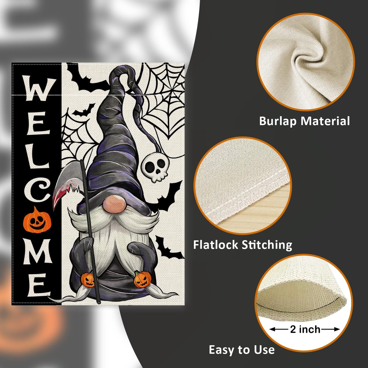 Covido Welcome Halloween Gnome Decorative Garden Flag, Spooky Jack O Lantern Pumpkin Skull Spider Web Bat Yard Outside Decorations, Funny Holiday Burlap Outdoor Small Home Decor Double Sided 12 x 18