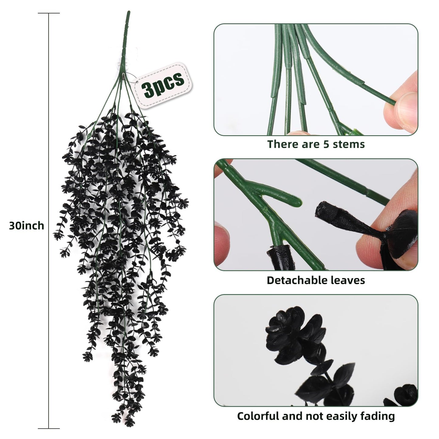 RECUTMS Black Hanging Flowers Faux Hanging Plants Black Artificial Hanging Plant Fake Greenery Faux UV Resistant Hanging Vines Plant for Indoor Outdoor Wedding Halloween Party Fall Wall Decor 3 Packs