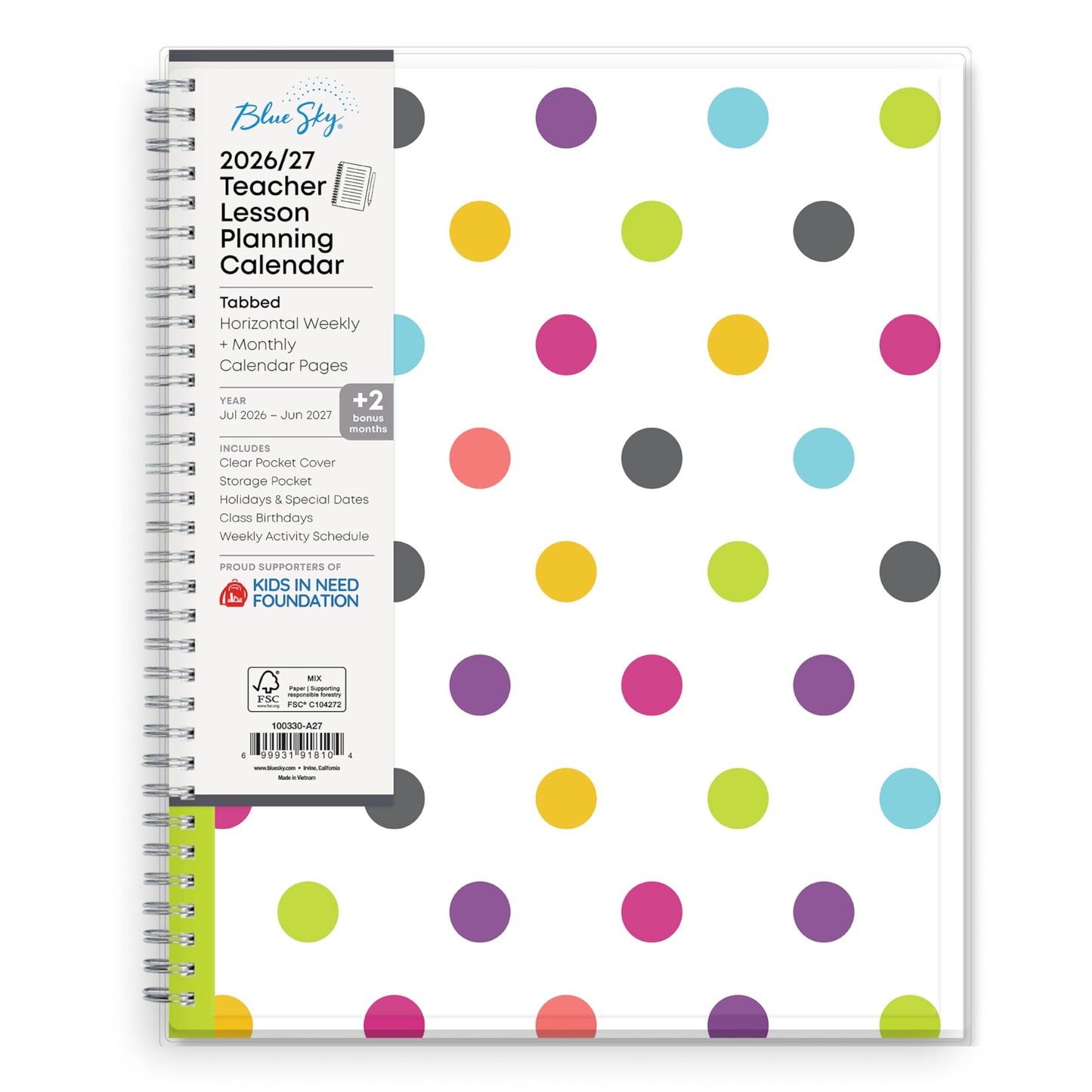 Blue Sky 2026-2027 Weekly and Monthly Academic Year Teacher Lesson Planner Calendar, July 2026 - June 2027, 8.5" x 11", Clear Pocket Cover, Wirebound, Laminated Tabs, Storage Pocket, Dots